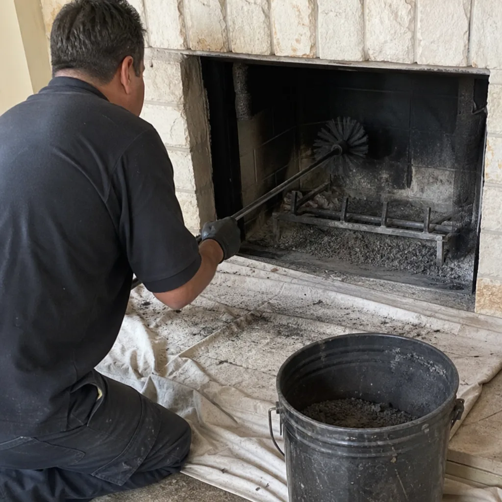 Professional chimney sweep cleaning a fireplace with a long brush tool